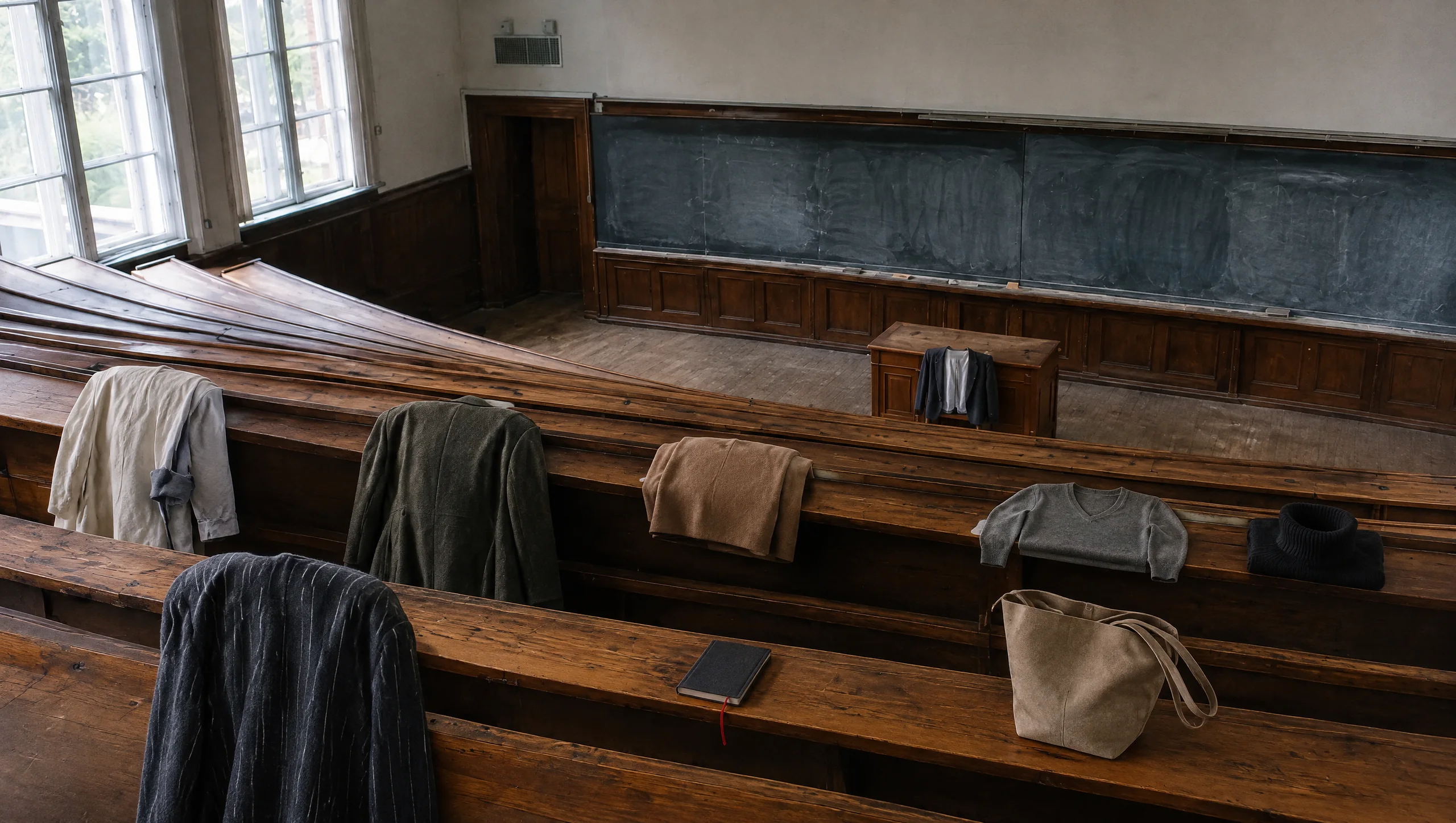 An empty tiered lecture hall in morning light seen from the back rows: a striped jacket, a long green coat, a pale work coat, a camel overshirt and two sweaters left over the wooden benches, a suede tote and a notebook on the desks, and a jacket over a chair at the lecturer’s desk.